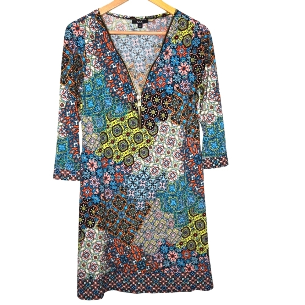 MSK Womens Colorful Mixed Print Retro Mosaic Festival Flare Sleeve Dress Small